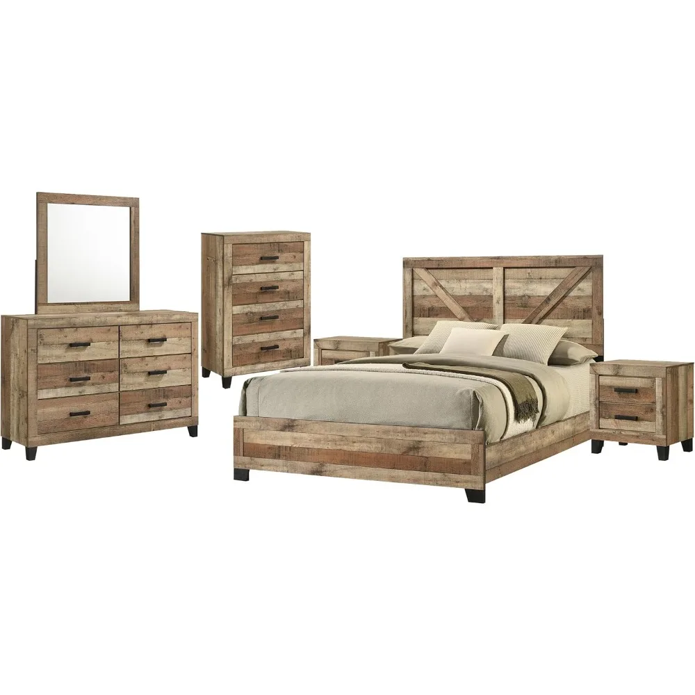 6-Piece Antique Natural Queen Size Bedroom Set - Bed, Dresser, Mirror, Chest and 2 Nightstands