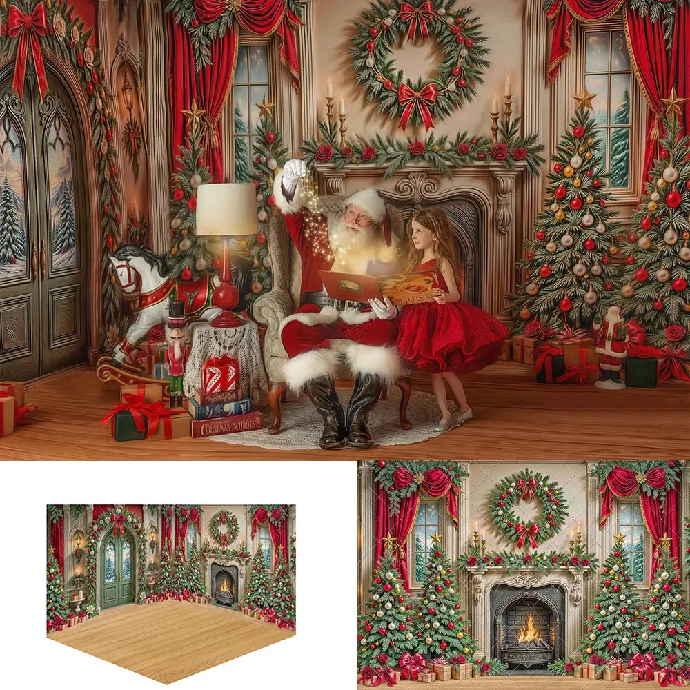 

Рождественский фон для фотосъемки с камином и венком, вечнозеленый декор для входа, тематические фоновые задники для детских и младенческих вечеринок, реквизит для студии