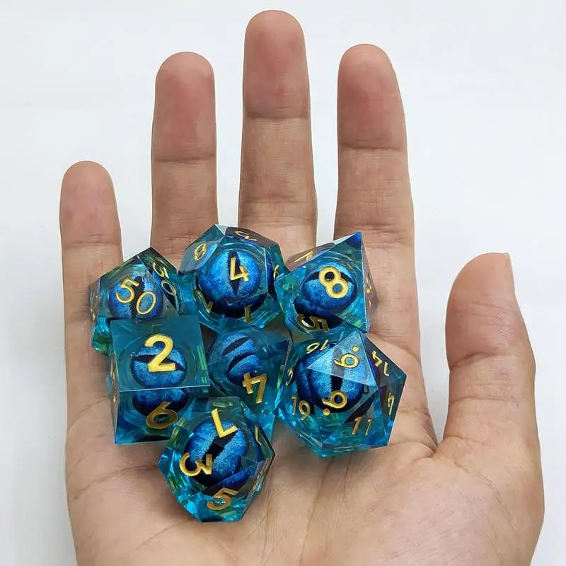 DND Game Dice Set 7pcs Cool Polyhedral Dice Liquid Core Resin Crafts Dragon Eye Dice Party Props for Teens Tabletop Games