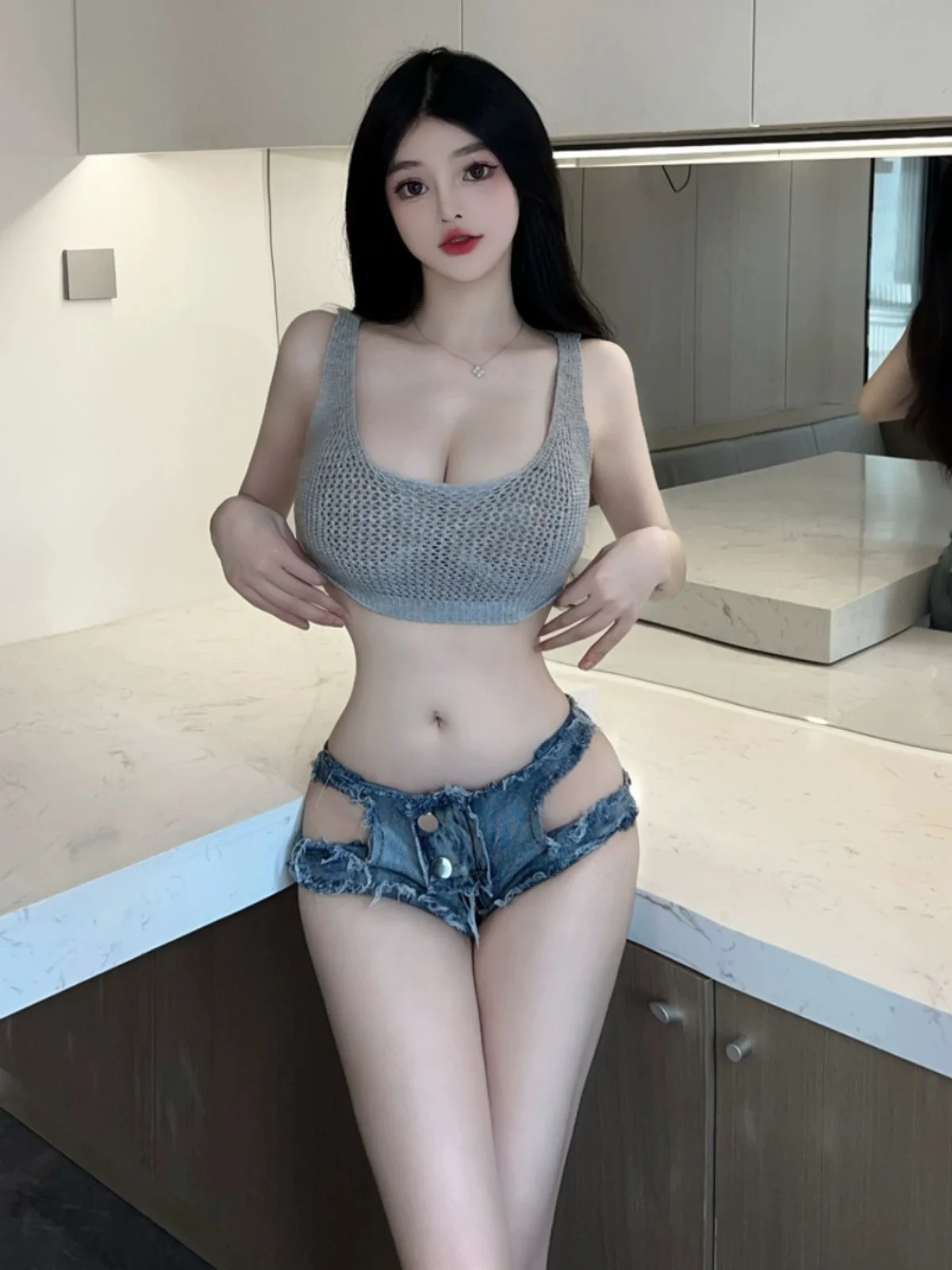 

Sexy ort Tank Top And Denim Hot Pants Night Club Dancing Outfit Hollow out Design by Gege Home Trendy Faion Set for Women