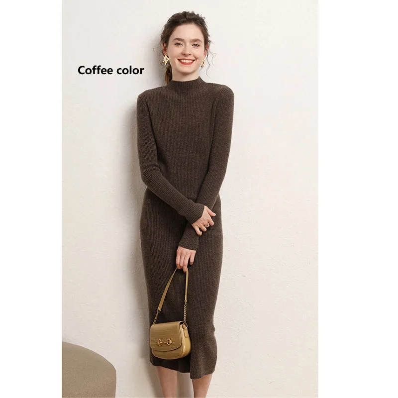 100% Pure Cashmere Knitted Dress women\'s Half-high Collar Autumn and Winter New Style Wool Long Slim and Slim Skirt  Comfortab