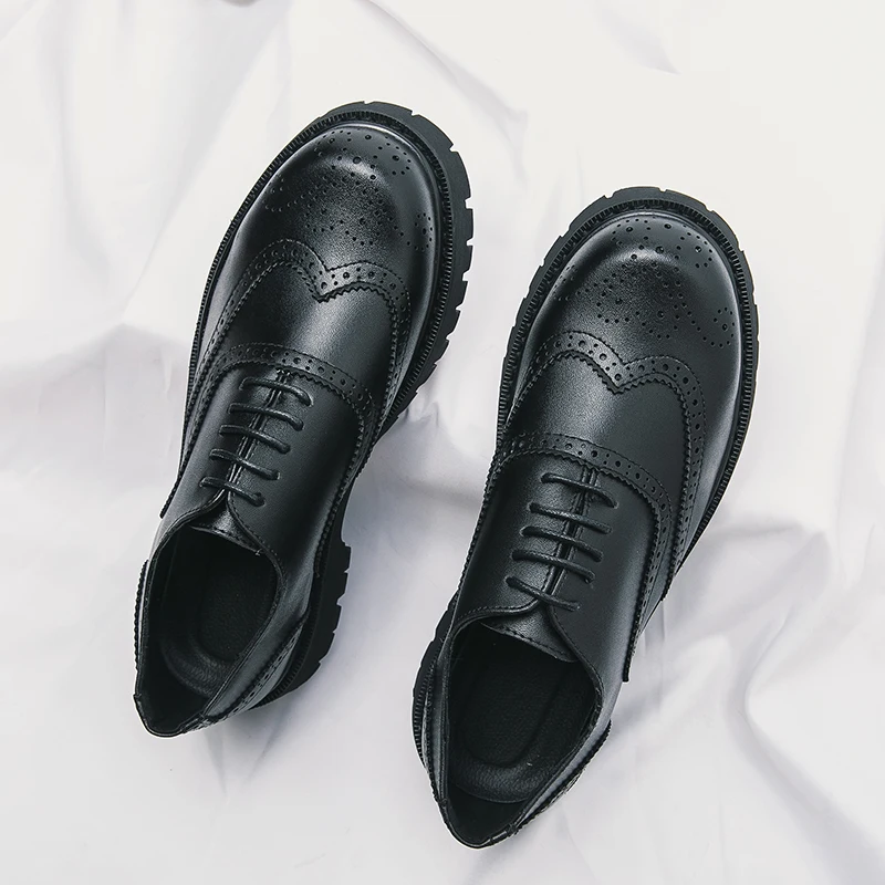 Men's Business Casual Leather Shoes Classic Black Block Leather Shoes Men Thick Sole Elevated Shoes Casual Lace Up Leather Shoes