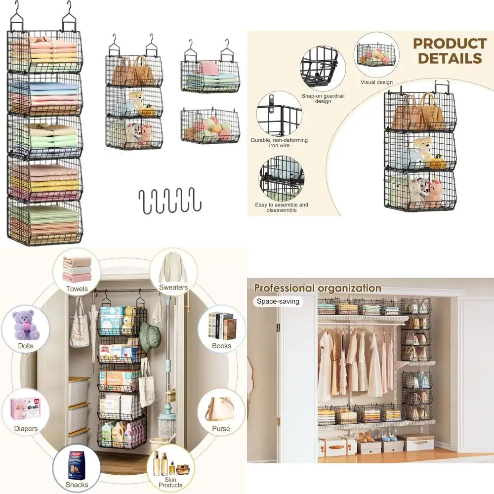 

5-уровневый складной органайзер для шкафа с 4 глубокими металлическими корзинами и 5 крючками, штабелируемым хранилищем для одежды, обуви, кошельков — черный