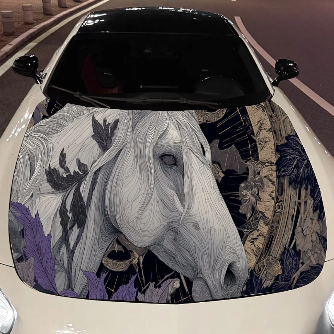 

Artistic White Horse Car Hood Stickers - Self-Adhesive, Waterproof and Durable Vinyl Wrap, Decorate And Protect Your Car, Fit Fo