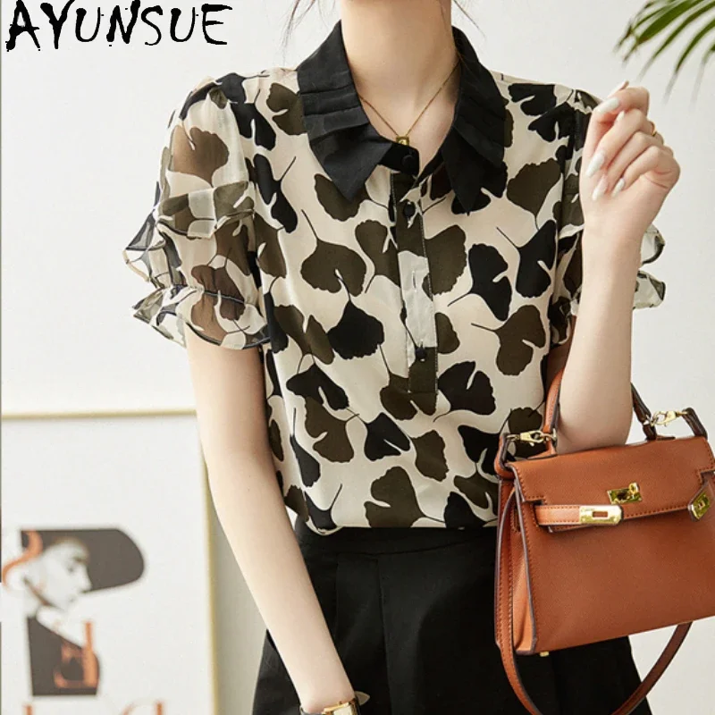 AYUNSUE-elegante camisa de seda mulberry para mulheres, top de manga curta, estampa a tinta, blusa chique, novo, verão, 2022