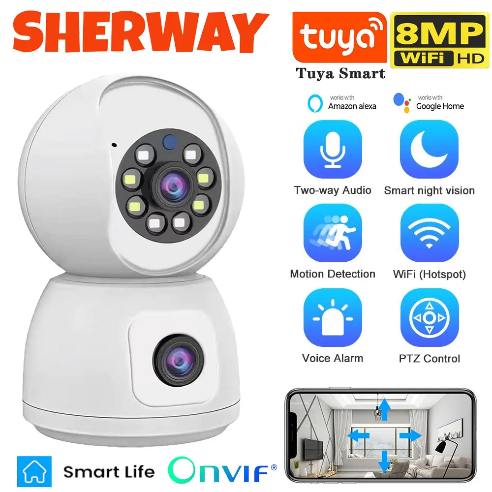 8MP Dual Lens Tuya Wifi Camera Indoor PTZ 4K HD Wireless Dual Screen Security Protection Camera Color Night Video Surveillance