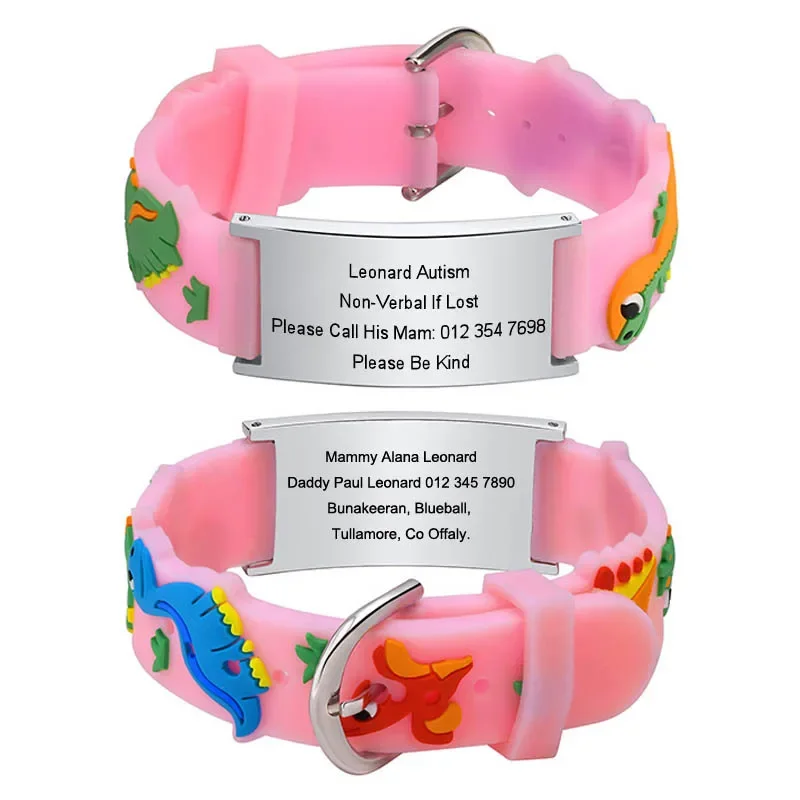 Pink Dinosaurs Silicone Strap Bracelets with Free Customize, If Lost Bracelets, Gift for Son Daughter Kids Child Newborn