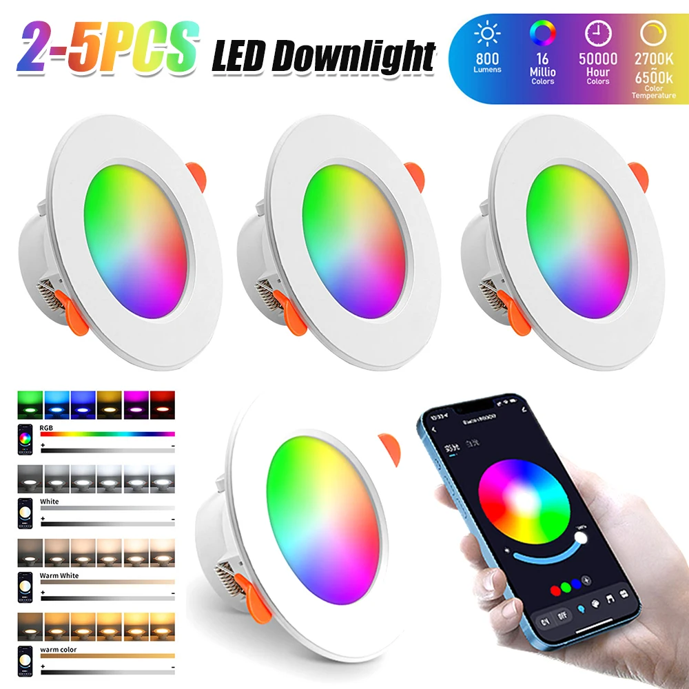 

2-5PCS Smart LED Downlight Bluetooth-Compatible RGB Smart Spotlight 2700K-6500K Recessed Ceiling Lamp for Living Room Bedroom