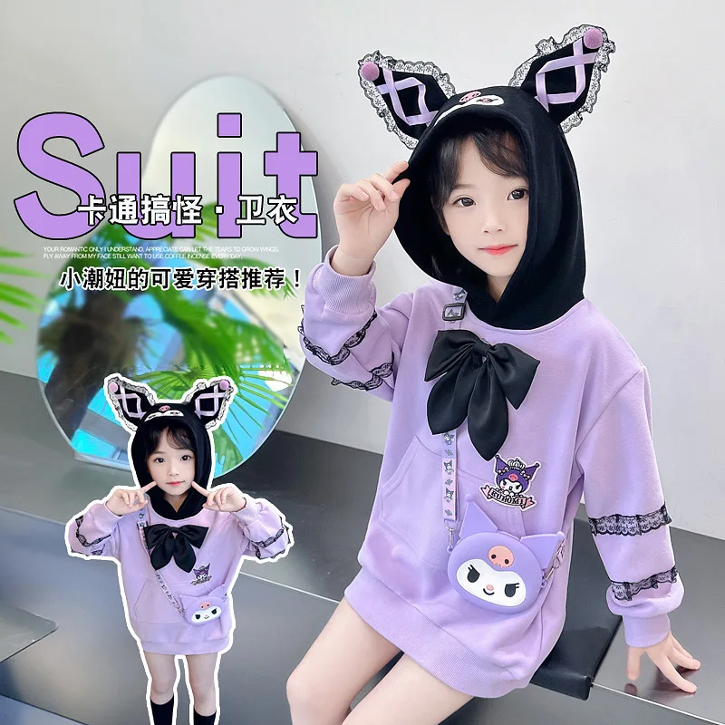 Anime Sanrioed Children's Kuromi Hoodie Sweatshirt Autumn Girls Long Sleeve Dress Cute Princess Skirt Fashion Kids Clothes Gifts