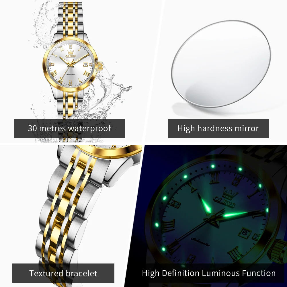 OLEVS Watches Woman 7062 Original Fashion Mechanical Watch Stainless Steel Waterproof Luminous Date Watches For Women Reloj