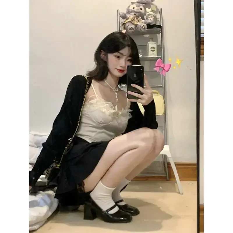 كوريا الجنوبية زي مدرسي الرغبة النقية دعوى للنساء سترة قصيرة الدانتيل الأشرطة تنورة سوداء السراويل 3 قطعة مجموعات الملابس