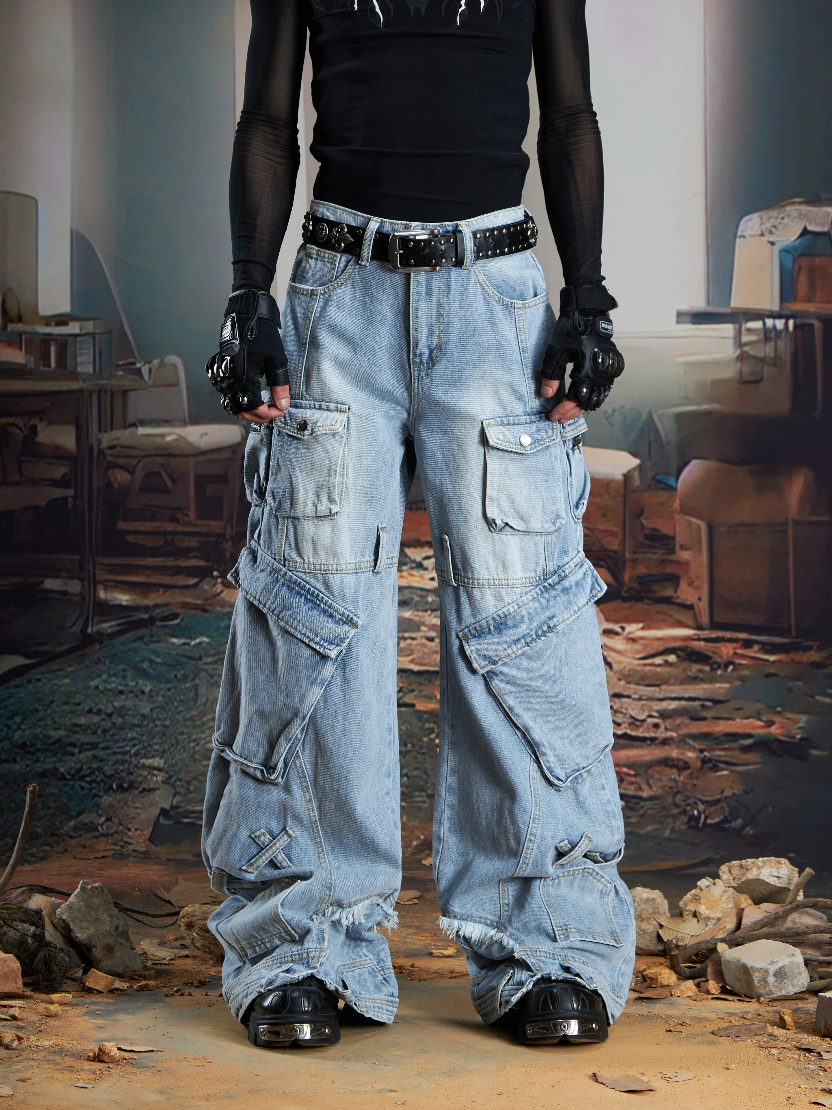 Special-Interest Design Deconstructed Three-Dimensional Multi-Pocket Trousers Cut Washed and Worn Loose Straight Cargo Jeans