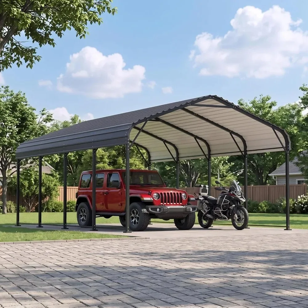 12x20FT Metal Carport, Galvanized Steel Car Garage Shelter UV-Resistant Cover Rustproof for Car/Boat/Truck, Stable Base Waterpr