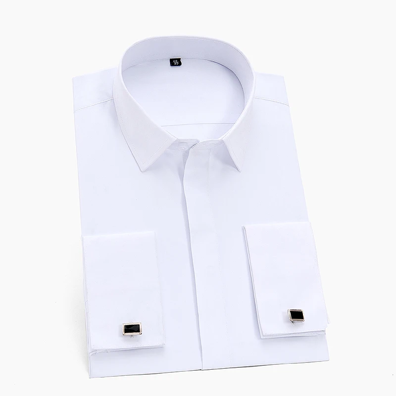 Camicie classiche da uomo con polsino francese manica lunga senza tasca smoking camicia maschile con gemelli festa formale matrimonio bianco blu