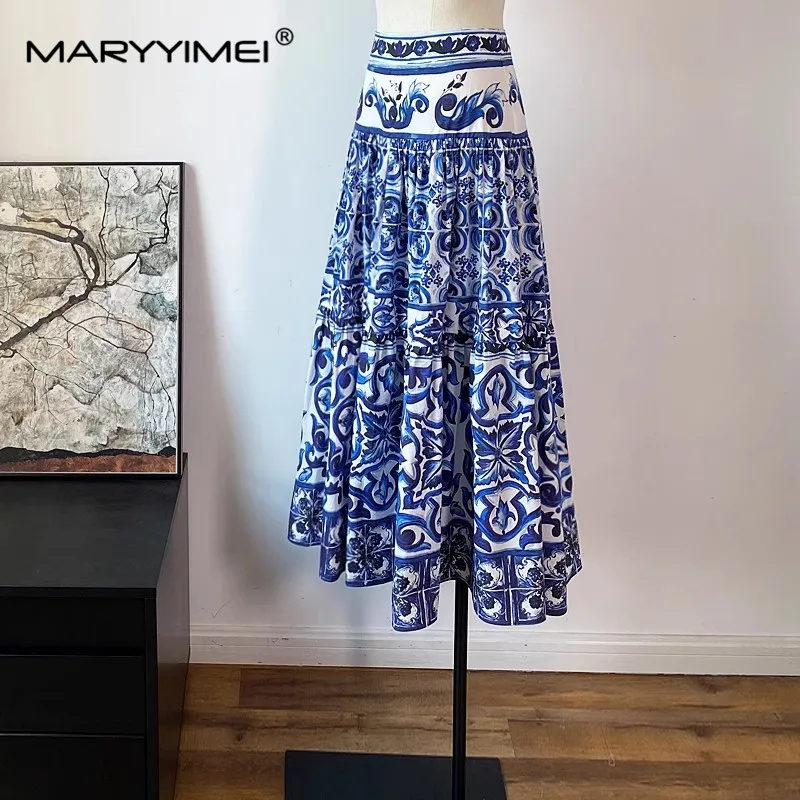 MARYYIMEI Mode Nieuwe Zomer Dames Blauw en wit porselein Print Casual Hoge kwaliteit Katoenen Rok