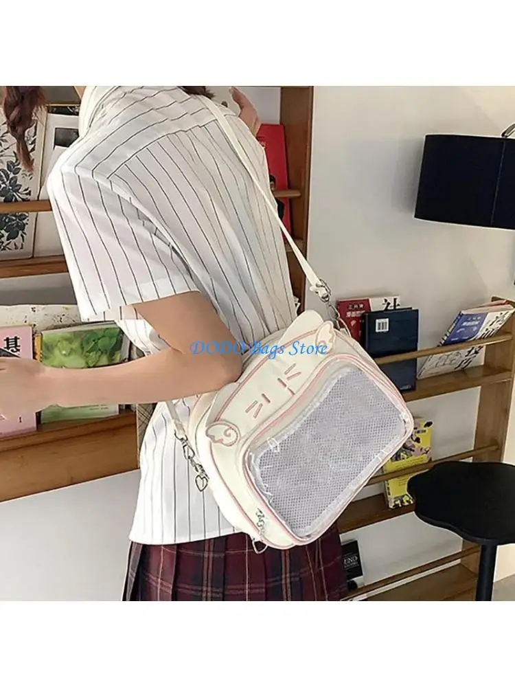 

Fashionable Cats Themed PU Backpack Zippered Itabag for Commuting and School Girls Transparent Pin Display Shoulder Bag