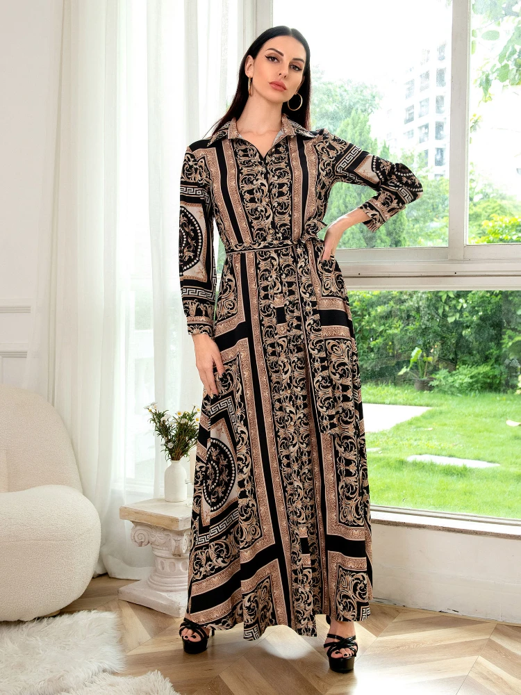 Spring Maxi Muslim Dress Women India Dubai Arabic Abaya Print Turkey Eid Vestidos Kaftan Gown Robe Musulman Long Dresses 2022