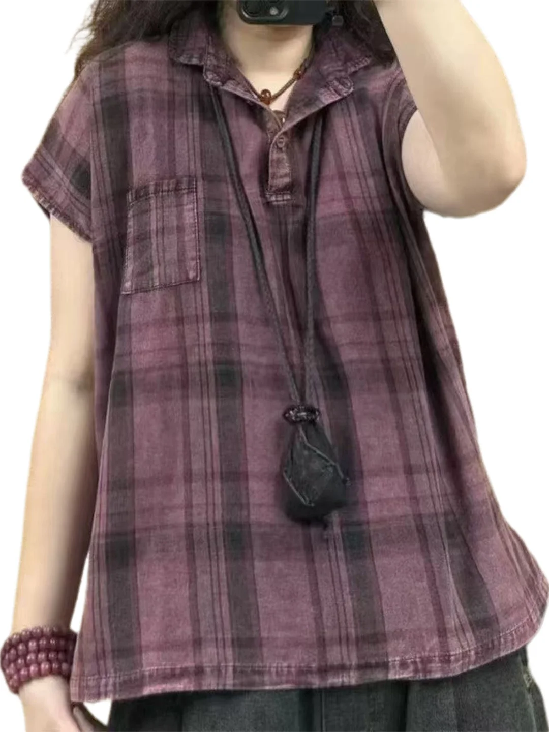 Retro Kontrastowa Krata Bawełna Len Koszula Damska Letnia Casual Luźna Dopasowana Cienka Bawełniana Koszula z Kołnierzykiem