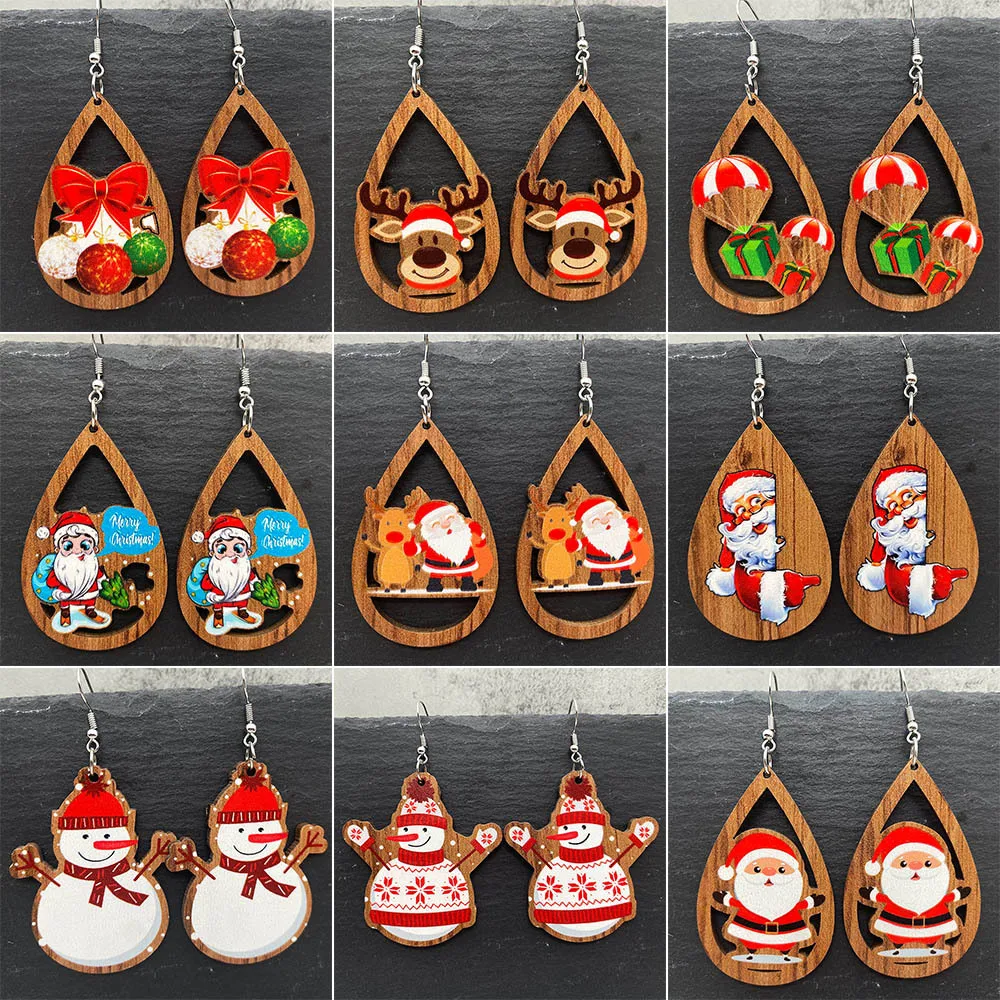 

Hot-sale Christmas Earrings Ornaments Christmas Ornaments Bells Red Car Santa Claus Elk Wooden Earrings Festival Accessories