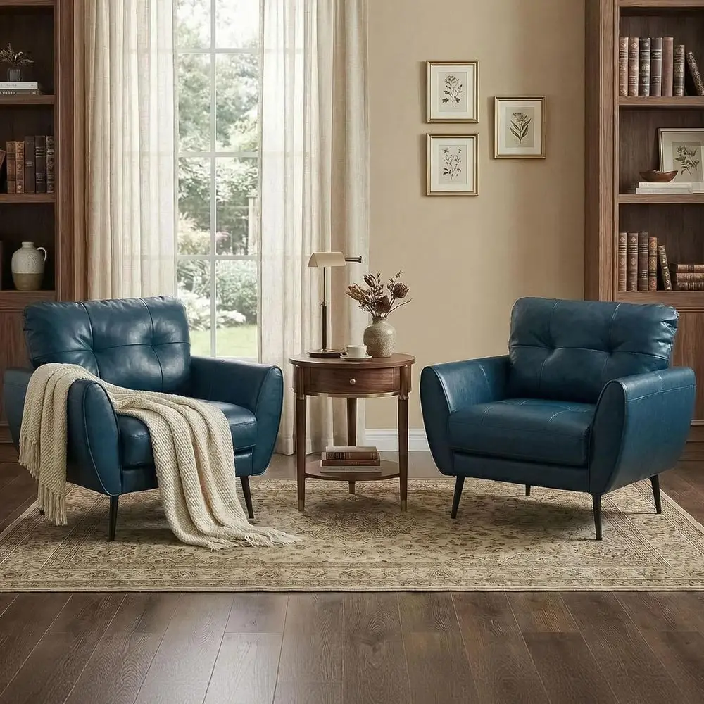 

Pair of Blue Vintage-Style Leather Accent Chairs for Living Room and Bedroom