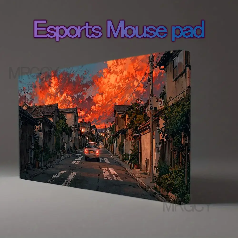 Anime Japanese Residential Street Sunset Large Mouse Pad Fiery Red Cloud Dusk Town Road Car Scene accesorios escritorio