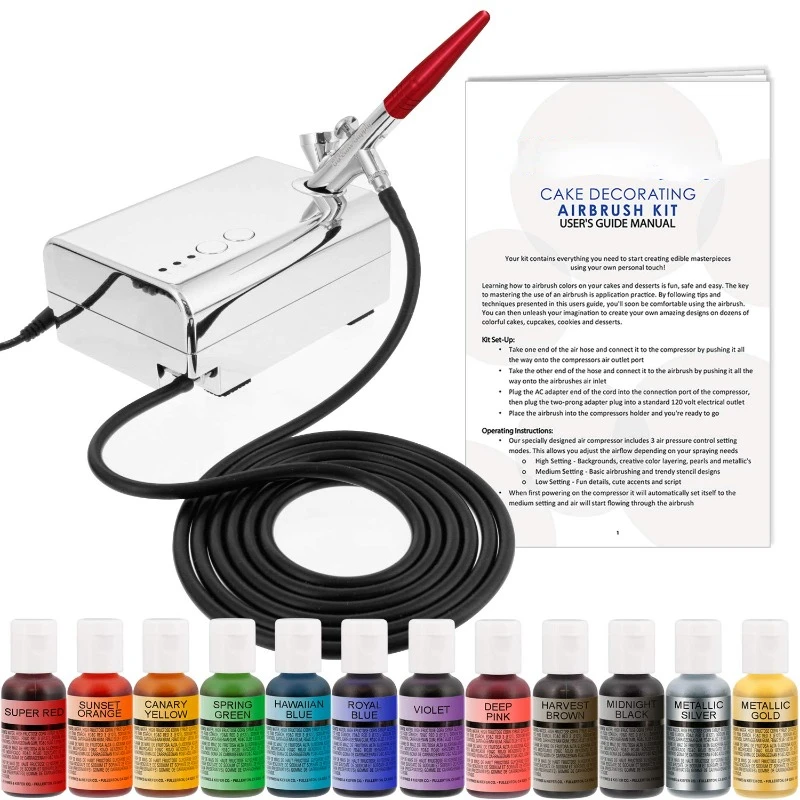 Complete Cake Decorating Airbrush Kit with a Full Selection of 12 Vivid Airbrush Food Colors - Decorate Cakes, Cupcakes