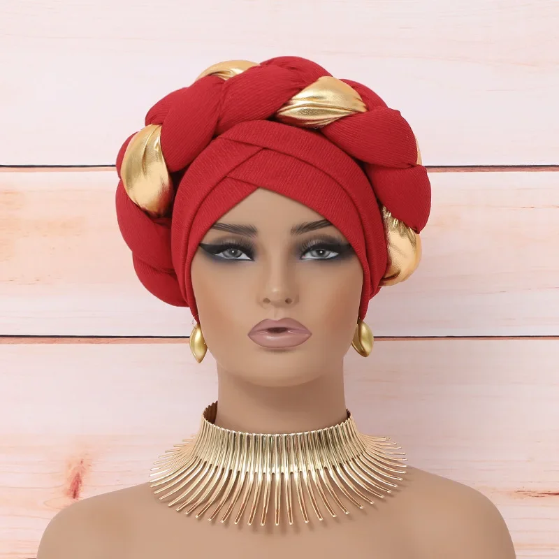 

Already Made African Turban Headtie Nigeria Wedding Geles Party Headgear Africa Female Head Wraps Ready to Wear Auto Gele