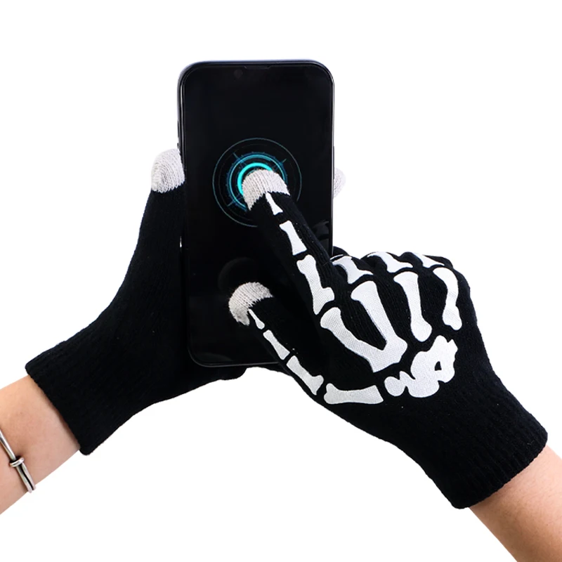 New Punk Gloves Warm Knitting Gloves For Adult Unisex Halloween Skeleton Skull Half Finger Gloves Cycling Non-slip Wrist Gloves