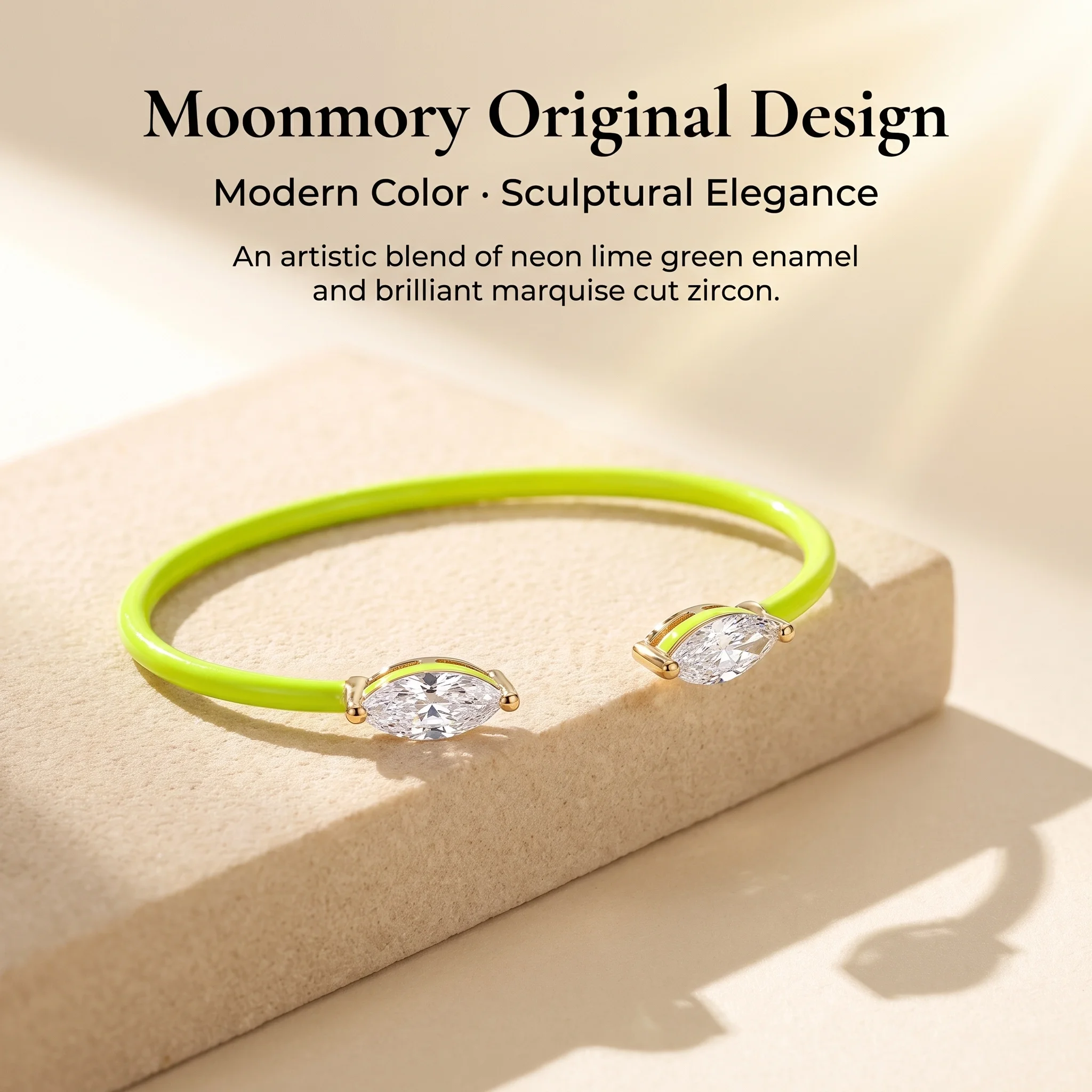 Moonmory Minimalistischer Einzigartiger Hellgelber Emaille-Armreif mit 5A Marquise-Schliff Zirkon, 14k Doppelt Plattiertes Messing – Detail 1