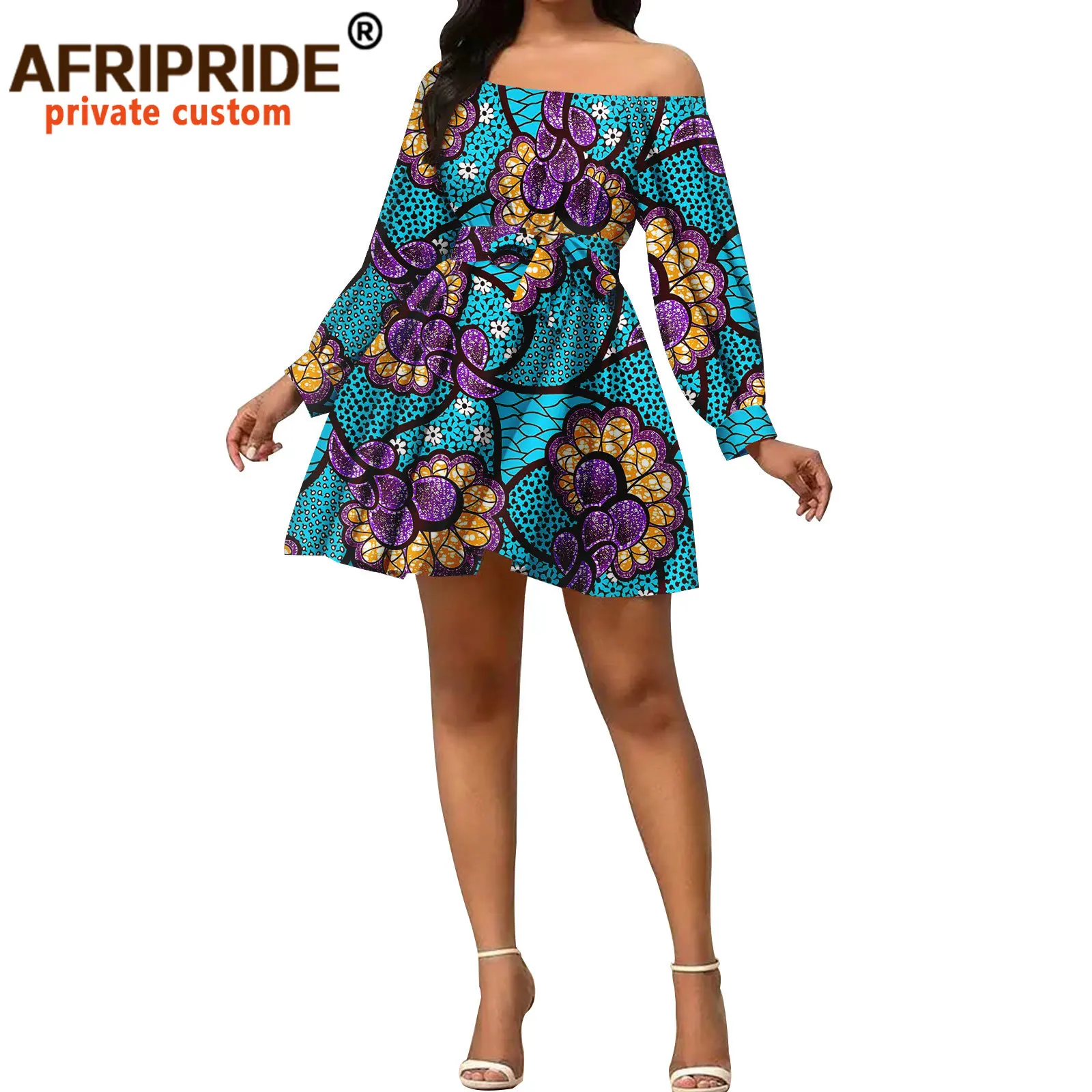 

African-American women Ankara print women's dress long sleeve one shoulder sexy nightclub style dress short A2225142