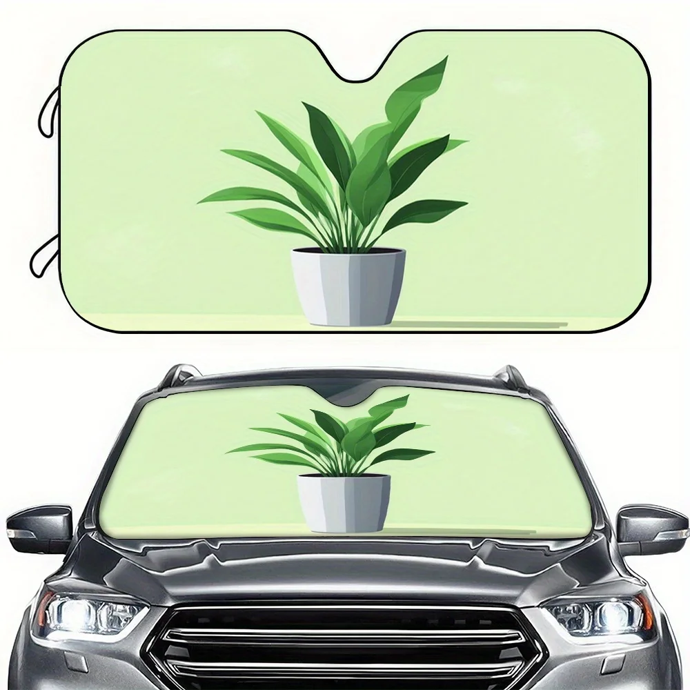 A Car Sunshade Featuring A Green Pot And Plant Design, With High-Definition Printing. It Is Easy To Install And Suitable For Var