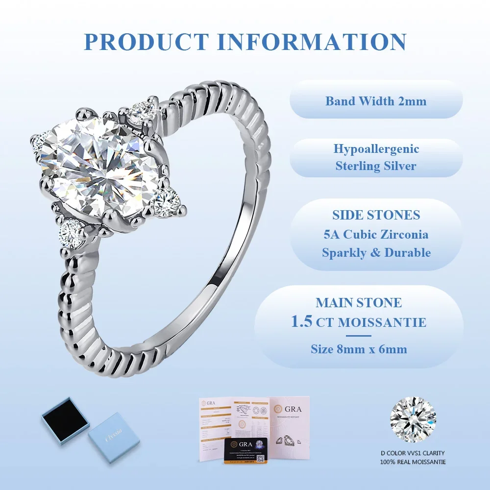 CLYSSIA 925 Sterling Silver 8x6mm Oval Cut Moissanite Ring Lab Grown Diamonds Elegant Jewelry For Women Wedding Engagement