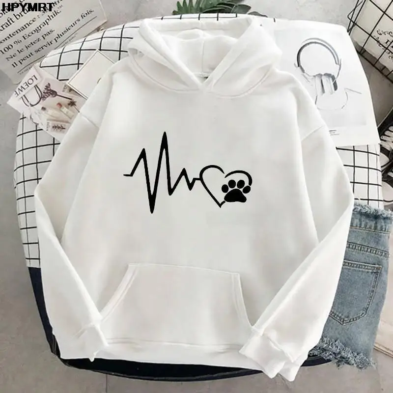 

Autumn Winter Women Harajuku Thin fleece Hoodies Heartbeat Cat Claw Printed Sweatshirt Long Sleeve Girls Pullover Female Hoodie