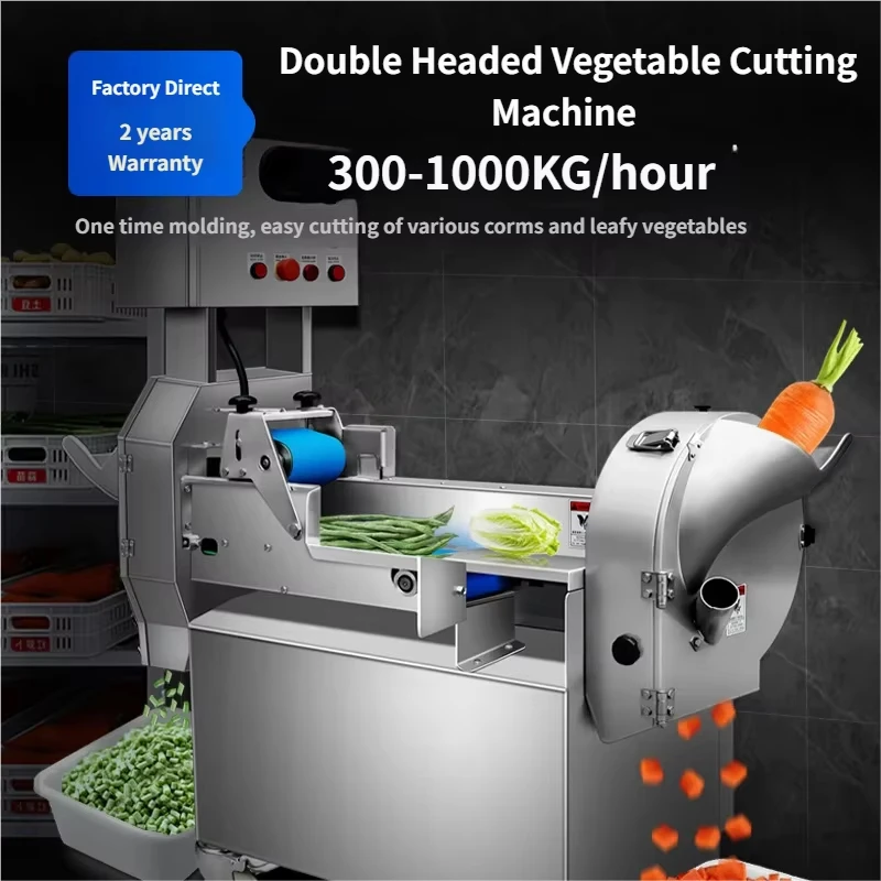 Commercial Veg Processor, Dual Head Fruit Slicer with Interchangeable Cutters, Heavy Duty Chopper for Hotel Kitchen Use