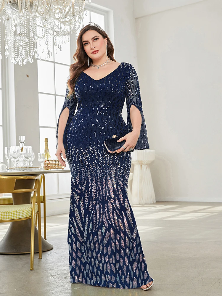 XUIBOL Plus Size Elegant Sequin Blue Evening Dress 2024 Women Formal Maxi Prom Long Sleeves Party Dress Luxury Cocktail Dress