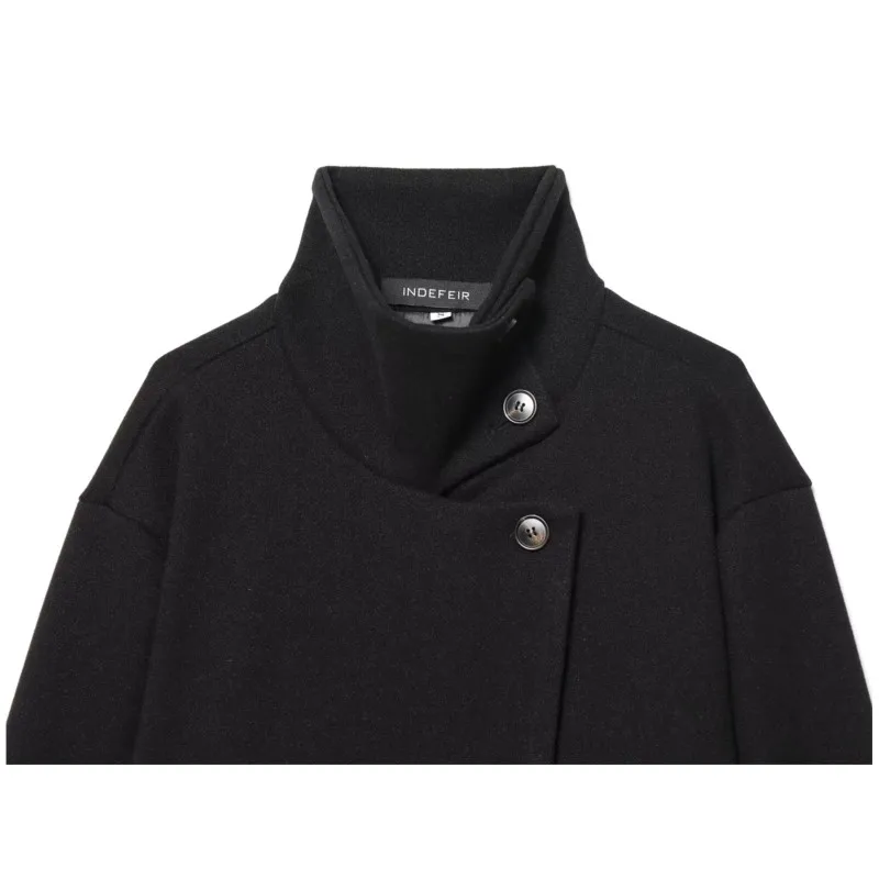 ربيع الخريف المرأة عالية الياقة سترة زر على الموضة كم طويل جيب أنثى شيك ملابس خارجية سيدة بلايز