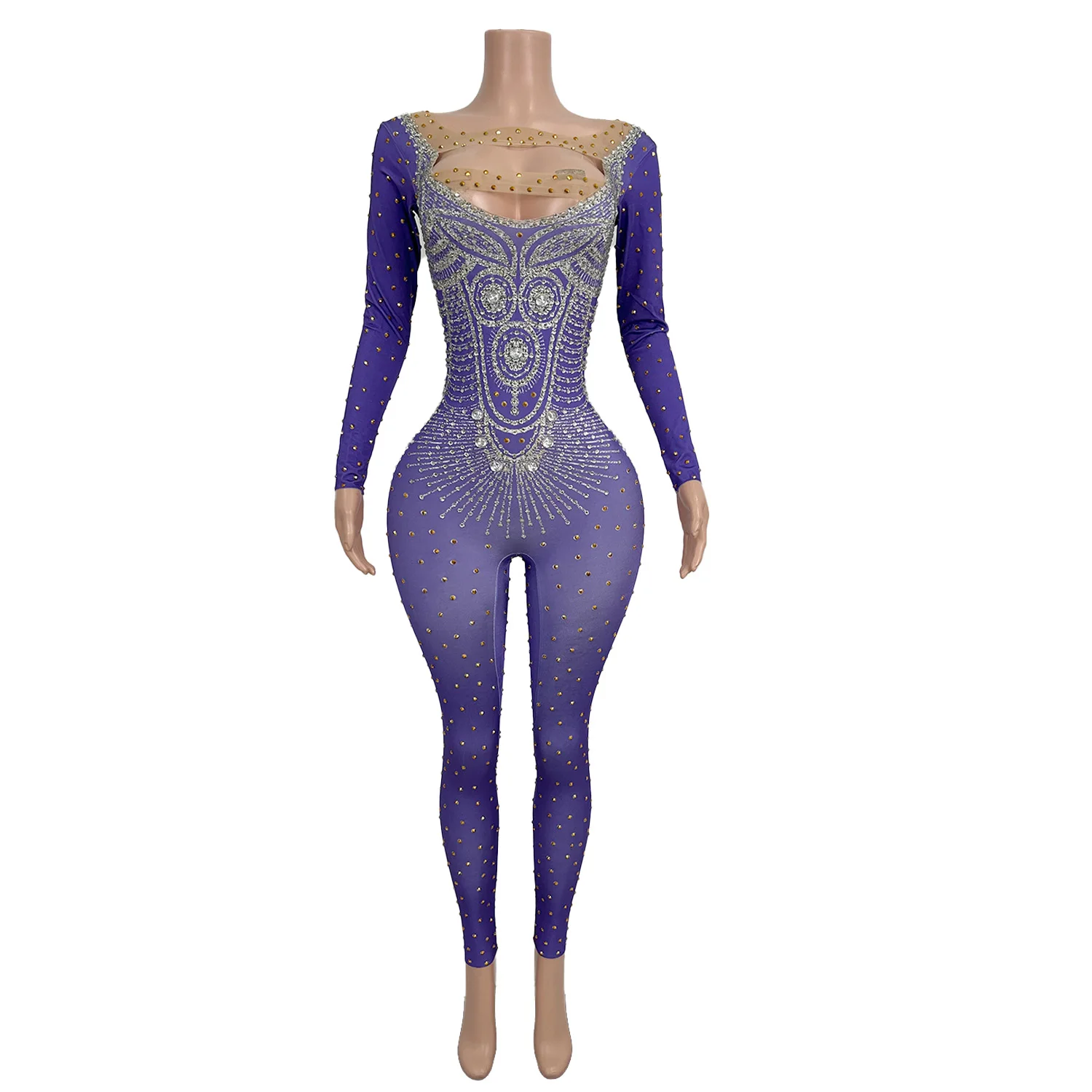 Shining Silver Rhinestone Jumpsuit Skin Tone Patchwork Mesh Hollow Top Halloween Christmas Theme Dance Party Dress zijin