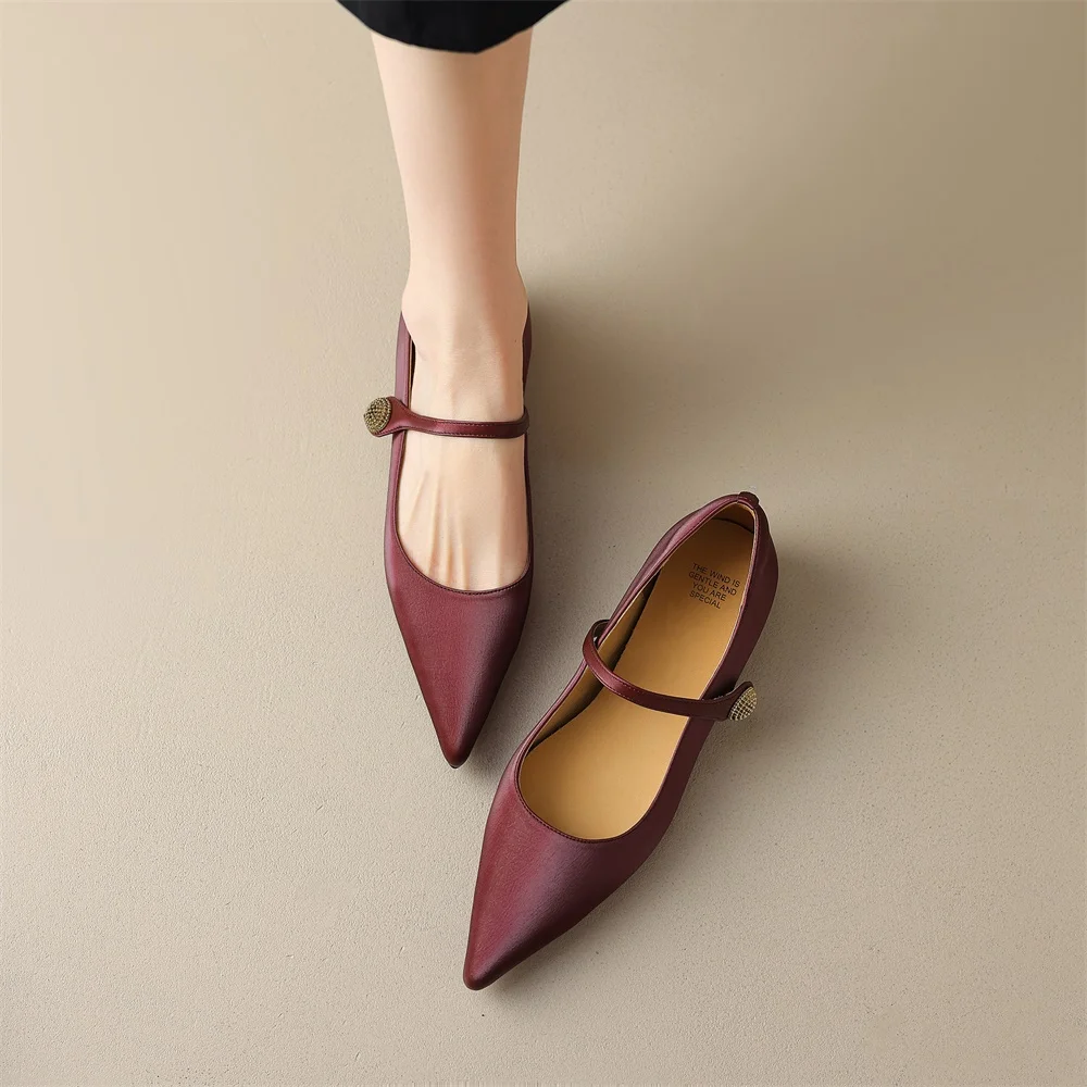 Toffen Casual Ballet Flats For Women Genuine Leather Solid Pointed Toe Low-heeled Pumps New Comfortable Strap Button Lady Shoes