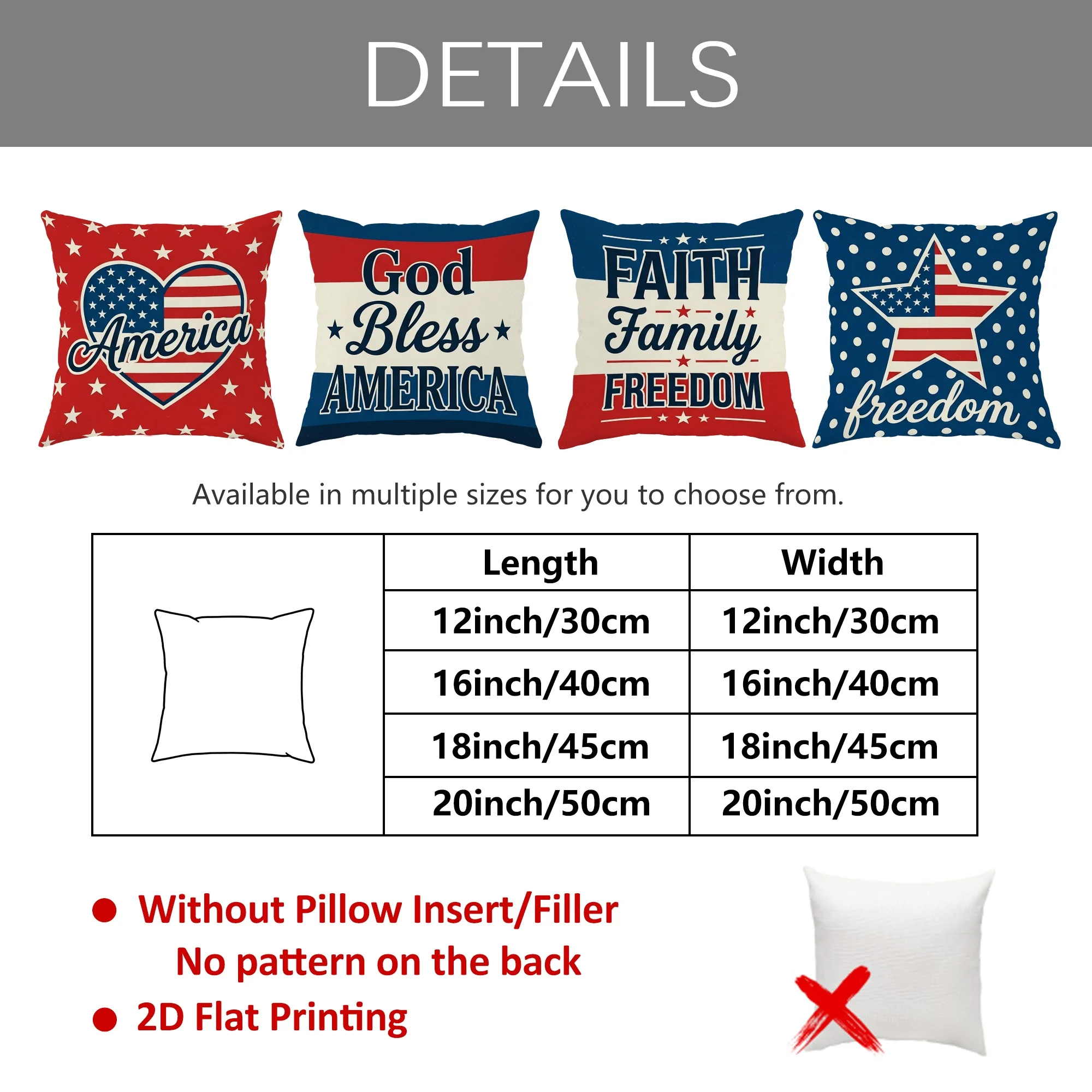 American Patriotic Pillow Case Set 4pcs USA Throw Cushion Cover Decor Stars Stripes Family Freedom 45x45cm