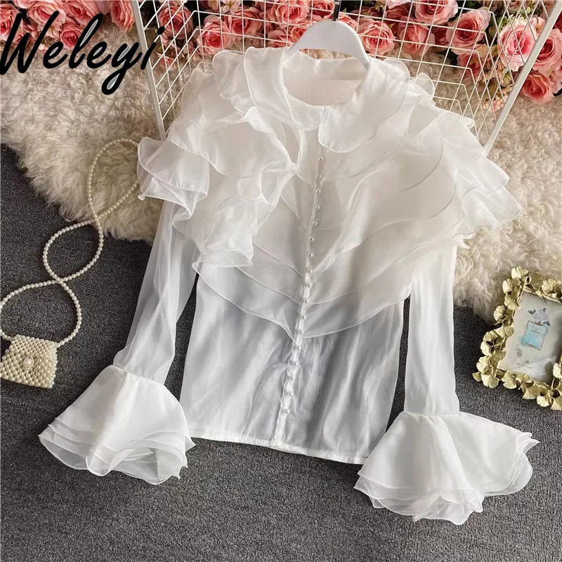 Court Style Fairy Layered Ruffle Edge Organza Shirt Female 2025 Spring New French Elegant Women's See-through Horn Sleeve Top