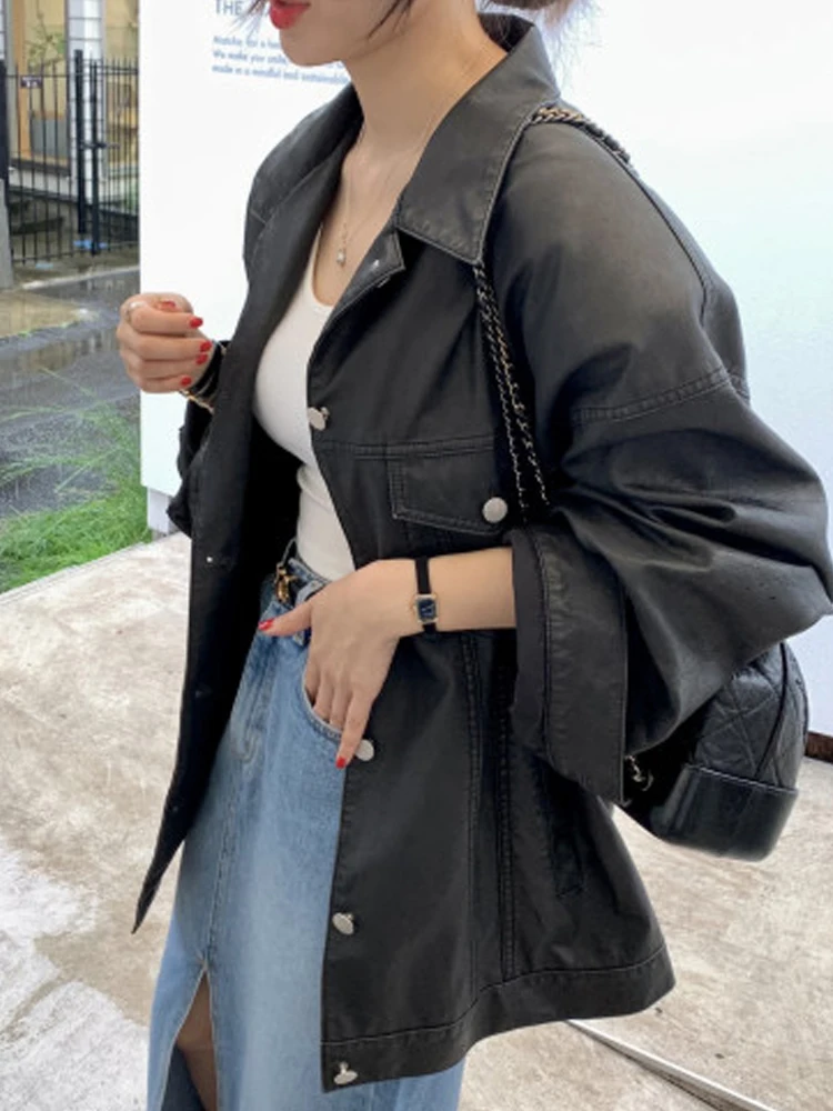 

Retro Korean Style Women's Leather Jacket Loose Mid-Length Outerwear Casual Fall Winter PU Leather Coat with Open Cardigan