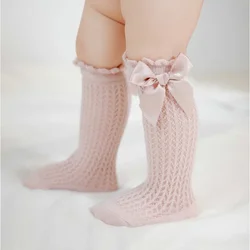 Simmer Spring Mesh Thin Cotton Korean Bow White Stockings Baby Princess Knee High Long Socks with Lace Ruffles for Newborn Girls