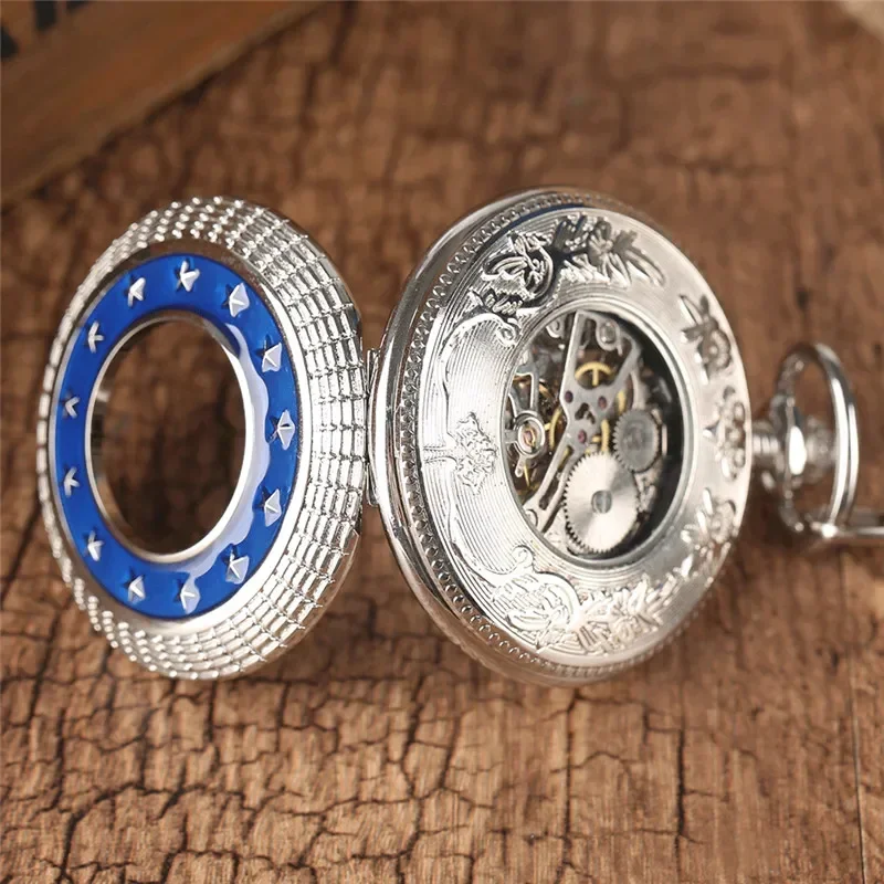 Vintage Unisex Mechanical Hand Winding Pocket Watch Carved Star Skeleton Clock for Men Women Pendant Chain Gift