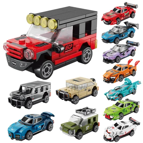 DIY Four Grid Racers Speed Vehicle Building Blocks Kit Pull Back Function Racing Car Toy for Boys Movie Model City Kids Gift