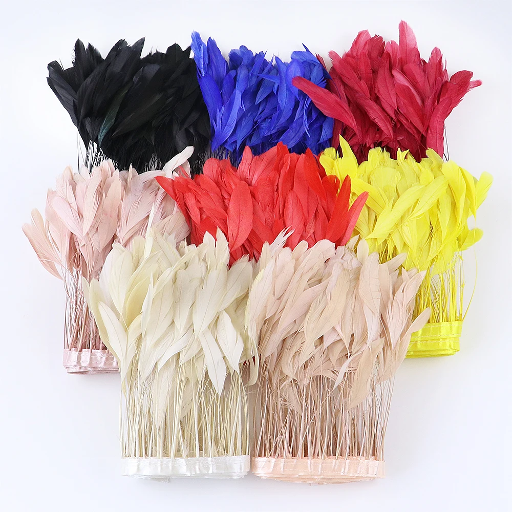 Natural Stripped Coque Feather Trims Fringe Black Ribbon long Rooster Plume for Crafts Dresses Skirt Costume Decoration