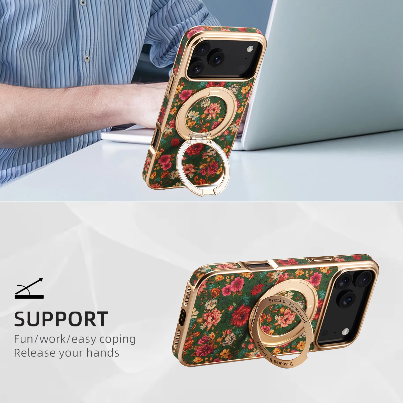 

For iPhone 17 Pro Max Air 15 Plus 16 Pro 14 13 Stand Magnetic Electroplate Flower Design Cork Fabric Synthetic PU Leather Case