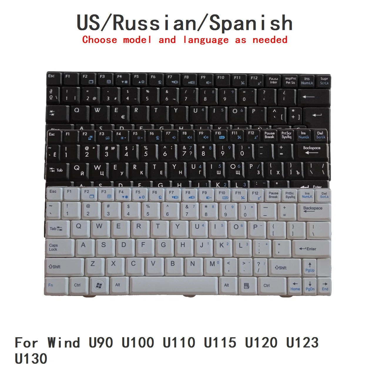 New US Russian Spanish Language  Keyboard For MSI Wind U90 U100 U110 U115 U120 U123 U130 Notebook PC Replacement Keyboard