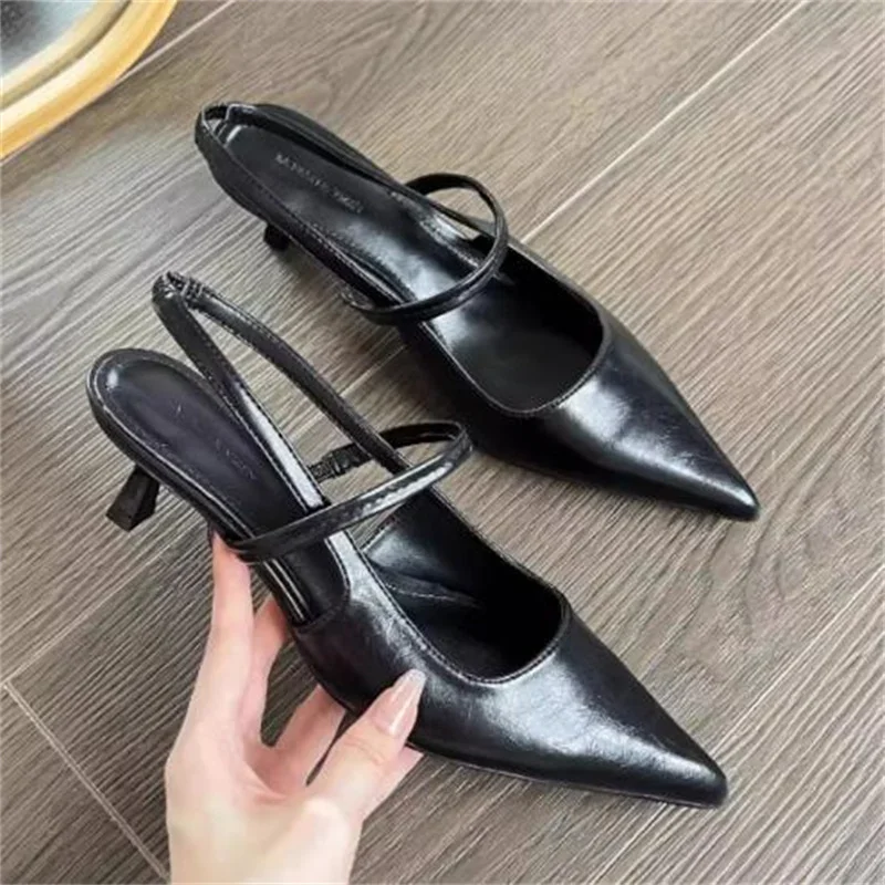 

PU Leather Shoes For Women Pointed Toe Lady Sewing Lines Female Sandals Buckle Back Strap Mid Heel Chassure Femme Belt Sandalias