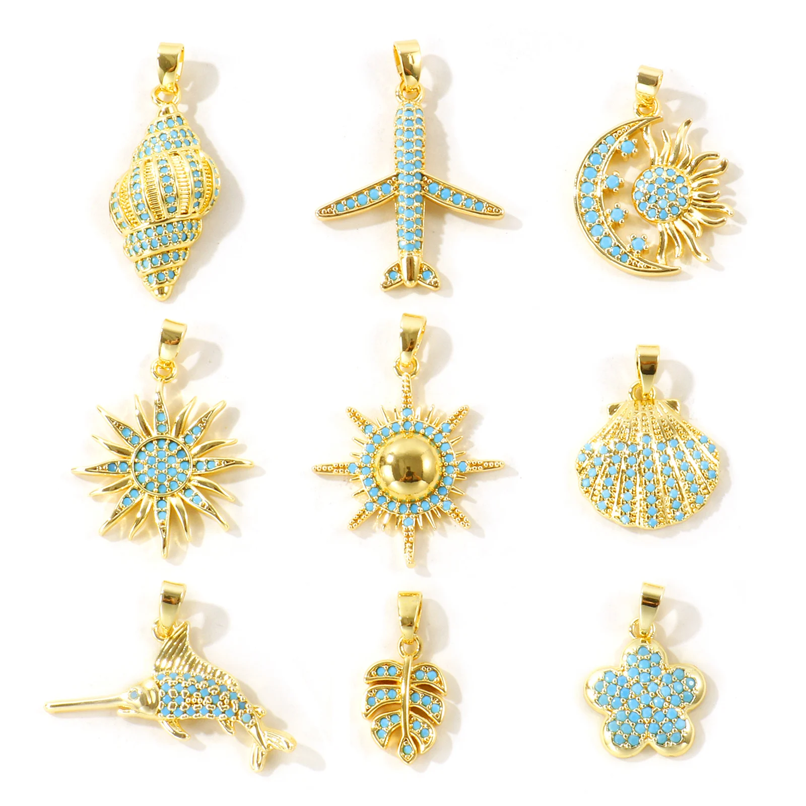 Image of 2 Stück neue Micro-Pavé-Anhänger mit blauen Zirkonia-Steinen, 18 Karat vergoldet, Muschel-, Mond- und Sonnenanhänger aus Messing für DIY-Halsketten, Schmuckgeschenk