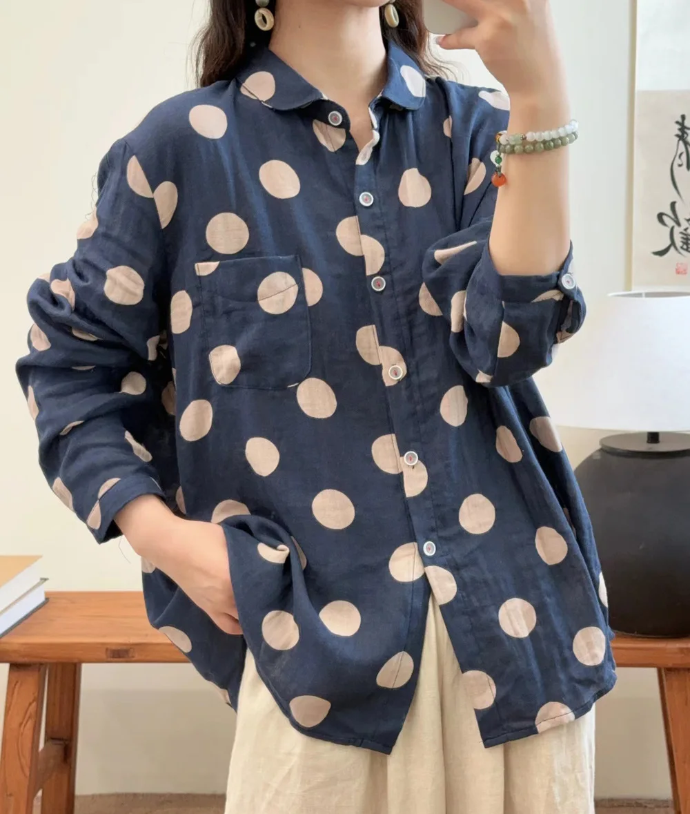 Large size tops vintage polka dot cotton blouses for women Japanese style long sleeve dots shirts autumn women clothes